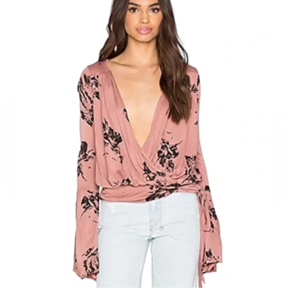 Free People Fiona Faux Wrap Tie Waist Bell Sleeve Crop Top Women’s S